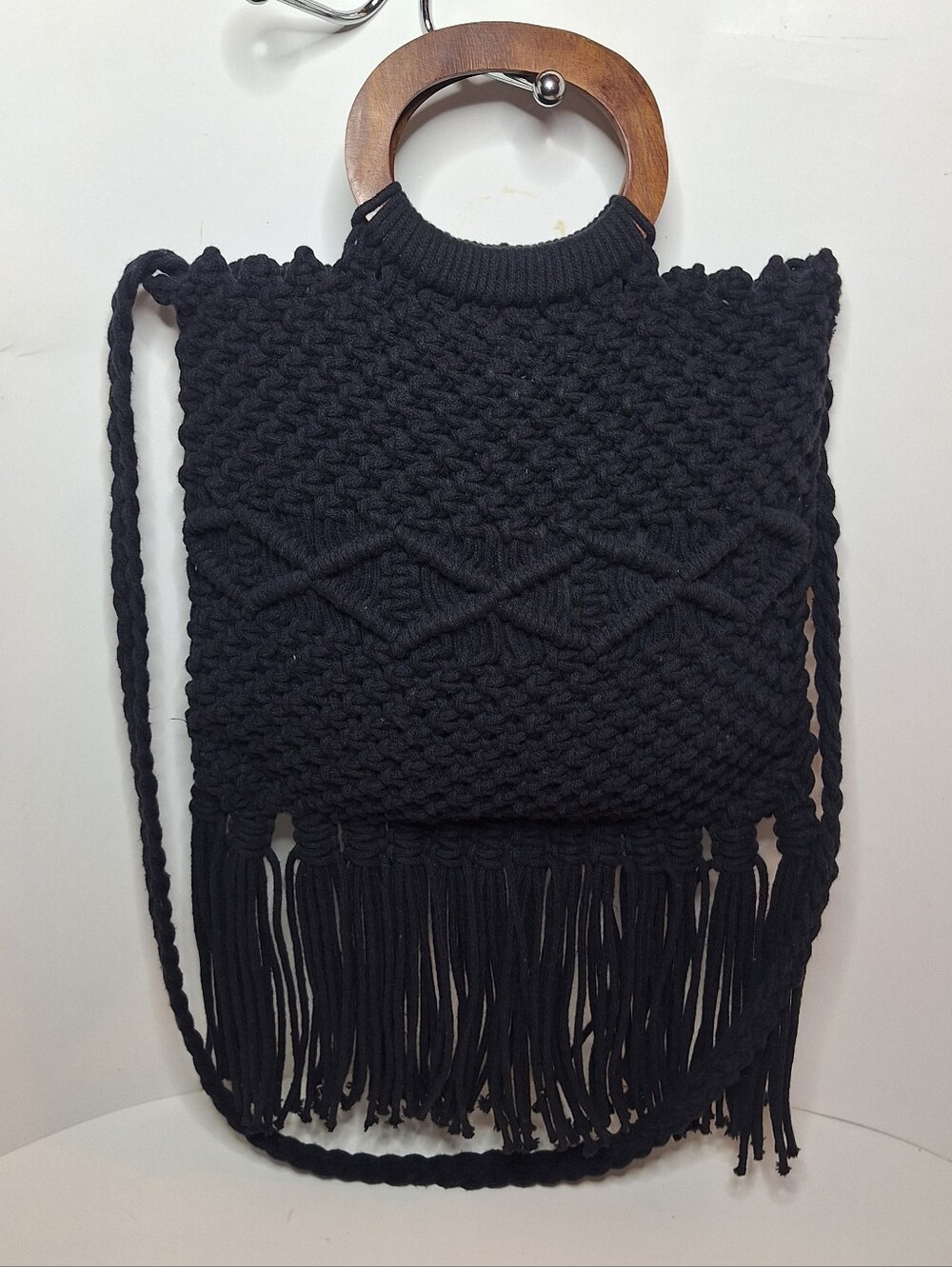 Danielle Nicole Black Macrame Crochet Handbag Wooden Round Handle W Fringe Boho